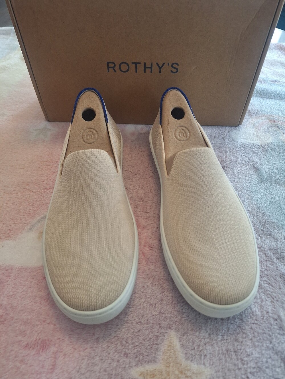 Rothy's Slip-On Sneakers in Beige with Navy Trim Sand